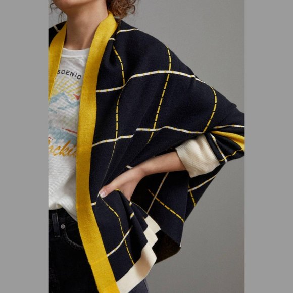 Anthropologie Windowpane Longline Vest Poncho Sweater Shawl - Picture 1 of 4
